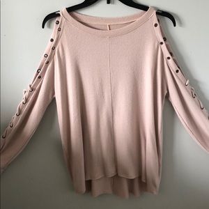 “Soft and sexy” blush open shoulder sweater